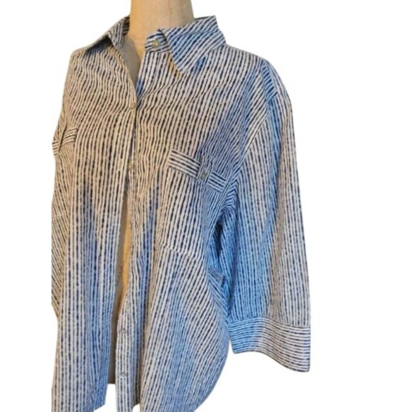 Chico's Size XL (3) Navy Blue White Button Down 3/4 Sleeve Shirt Top - Picture 3 of 3